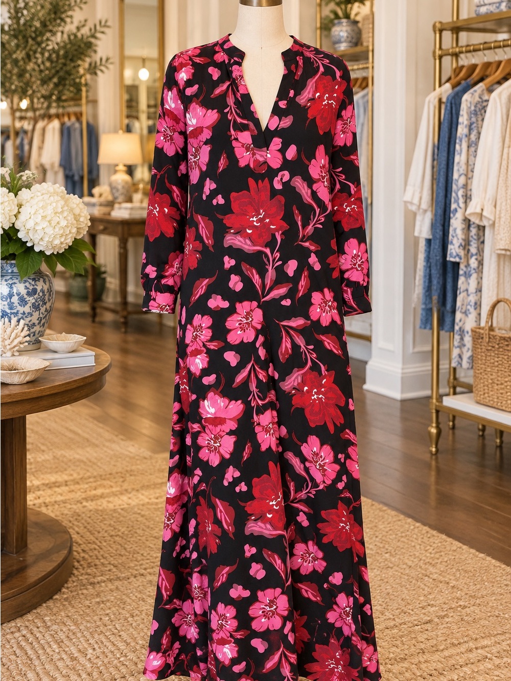 La Mer Luxe Floral Black and Pink Maxi Dress NWT $99